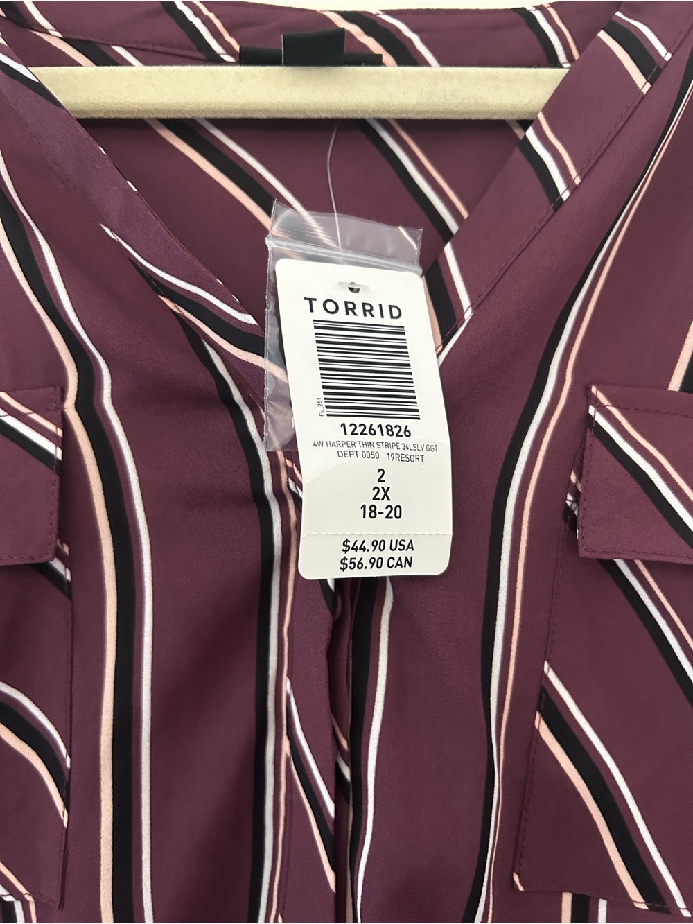 Torrid Size 2 Striped Roll-Sleeve Blouse in Burgundy - Unknown Brand - Picture 3 of 7